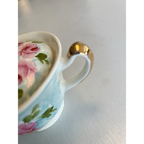 Hand Painted Porcelain Sugar Or Honey Bowl Lid Blue Pink Roses Gold Trim Signed - Picture 5 of 16